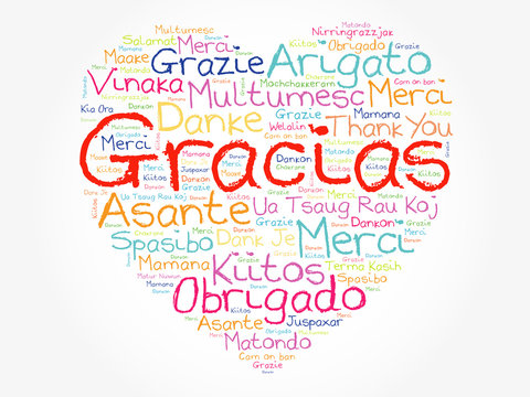 Gracias (Thank You in Spanish) love heart Word Cloud, all languages, multilingual for education or thanksgiving day