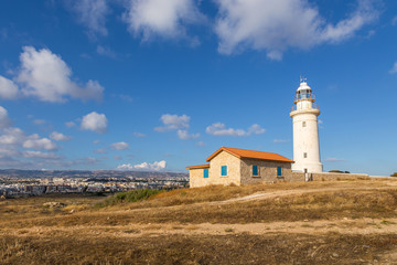 Paphos Lighthouse, well known lighthouse on the island Cyprus, near town Paphos, Cyprus