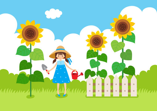 Sunflower garden with a girl