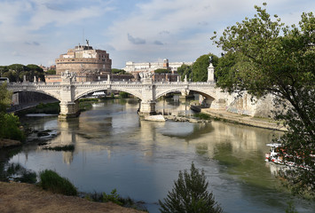 Castel Saint Angelo and bridge over the Tiber river in Rome, Italy