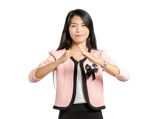 portrait of a beautiful asian businesswoman smiling and showing home sign hands. Isolated on white background with copy space and clipping path