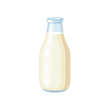 Transparent glass bottle with milk. Vector cartoon illustration flat icon isolated on white.