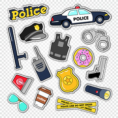 Policeman Stickers and Badges Set with Police Car, Gun and Handcuffs. Vector illustration