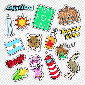 Travel to Argentina Doodle. Argentinian Stickers, Badges and Patches with Animals and Architecture. Vector illustration