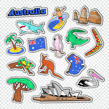 Travel to Australia Doodle. Australian Stickers, Badges and Patches with Map, Animals and Architecture. Vector illustration