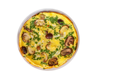 omelet with mushrooms in a plate. top view. isolated on white