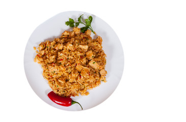 Rice with Vegetables and Meat in a plate. top view. isolated on white