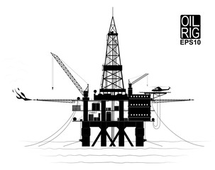 Drilling platform for oil or gas production from the ocean floor. Black and white contour with traced details. Side view.
