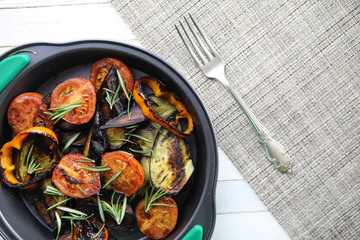 Vegetables grilled pan fried eggplant and tomatoes