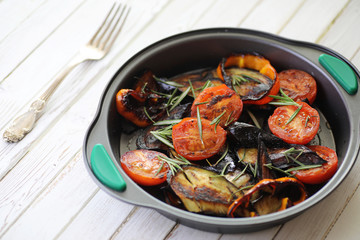 Vegetables grilled pan fried eggplant and tomatoes
