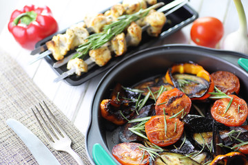 Vegetables grilled pan fried eggplant and tomatoes