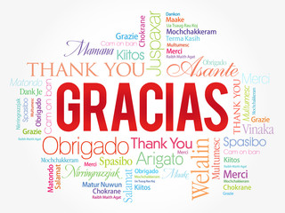 Obraz premium Gracias (Thank You in Spanish) Word Cloud background, all languages, multilingual for education or thanksgiving day