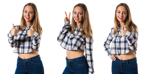 Blonde teen girl making victory gesture