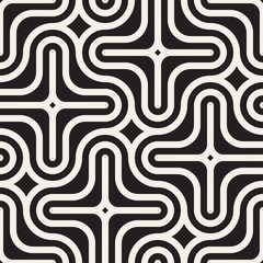 Vector Seamless Black And White Lines Pattern Abstract Background. Cross Shapes Geometric Tiling Ornament.