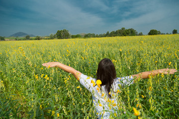 asian young  chubby women is raising arms to the sky in yellow field at summer, Thailand