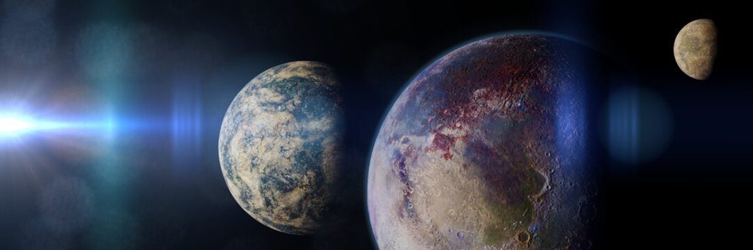 alien planet with moons orbiting a bright distant star