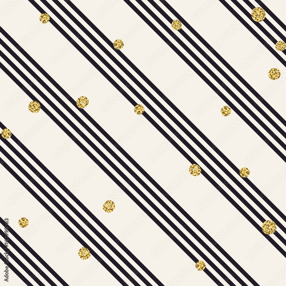 Poster Diagonal black lines on white background. Golden dots seamless design. Seamless vector pattern.