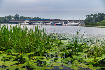 Dnipro river and yacht club in Kyiv, Ukraine