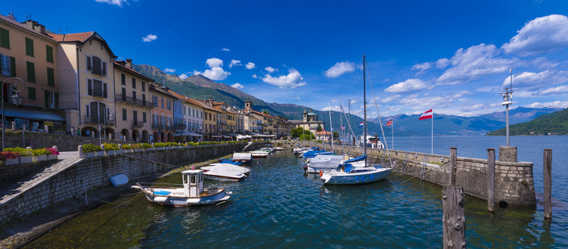 Piazza Vittorio Emanuele lll buildings and habor in Cannobio - Lago Maggiore, Verbania, Piemont, Italy
