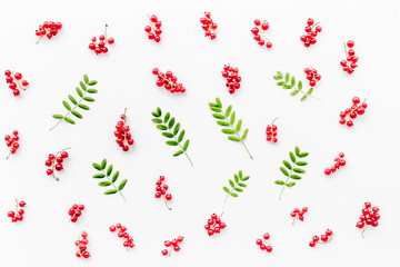 Berry ornament. Red currant and leaves on white background top view