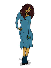 Girl with long dark hair dressed in a blue dress and dark blue shoes stands on a white background eps 10 illustration