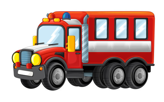 Cartoon funny looking cartoon fire fireman bus - illustration for children