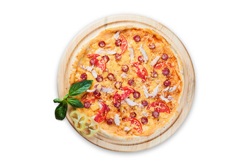 pizza on round wooden plates on a white background