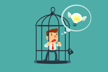 businessman locked in cage thought of flying idea bulb