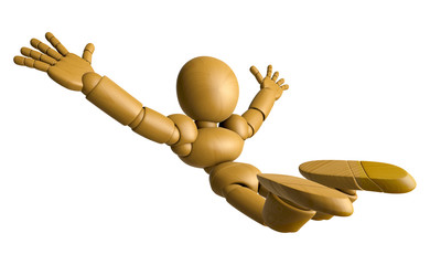 3D Wood Doll Mascot is to play skydiving, on a High Angle Shot. 3D Wooden Ball Jointed Doll Character Design Series.