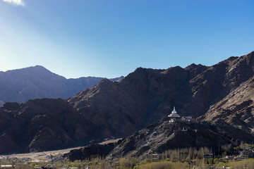 View of Shanti Stupa, the white dome stupa over the city of Leh Ladakh