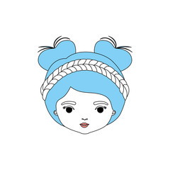 color sections silhouette caricature closeup front view face woman with double bun collected and braided hairstyle