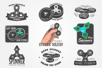 Set of Hand Fidget Spinner Stress Relief Toys. Detailed object. Typographic labels, stickers, logos and badges.