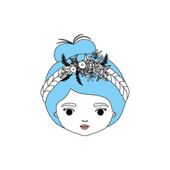 color sections silhouette caricature closeup front view face woman with collected hairstyle and braid crown decorate with flowers