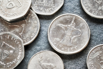 Extreme close up picture of United Arab Emirates dirham, shallow depth of field.