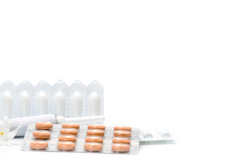 Medicine for treatment hemorrhoids, rectal suppositories, rectal ointment, tablets isolated on...