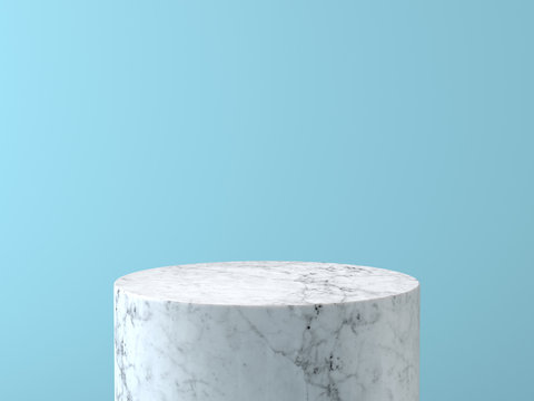 Empty white marble podium on pastel blue color background. 3D rendering.
