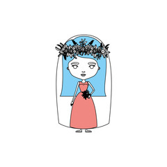 color sections silhouette caricature cute woman in wedding dress with straight long hairstyle