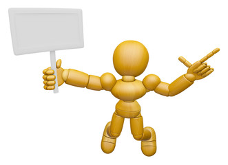 3D Wood Doll Mascot the right hand point a finger gesture, left hand is holding a picket. 3D Wooden Ball Jointed Doll Character Design Series.