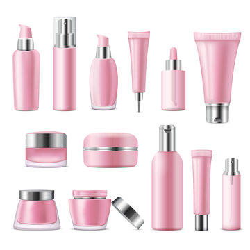 Make up empty bottles, cosmetics background. Skincare, beauty lifestyle. Vector illustration EPS 10.