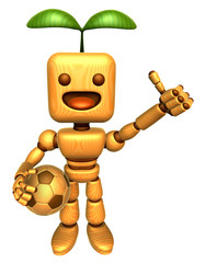 3D Wood Doll Mascot the right hand best gesture and left hand is holding a soccer ball. Wooden Ball Jointed doll Character Design Series.