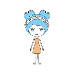 color sections silhouette caricature skinny woman in dress with double bun hairstyle and braid