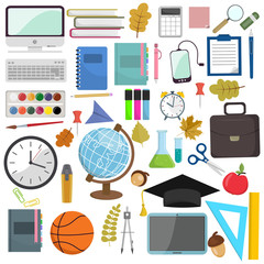 School and education items in the workplace. Vector illustration flat illustration of school supplies. Isolated schools working education accessories on white background. Infographic elements for web