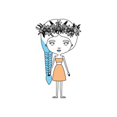 color sections silhouette caricature skinny woman in clothes with side braid hairstyle and flower crown accesory