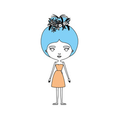 color sections silhouette caricature skinny woman in dress with bun collected hairstyle and flower crown accesory