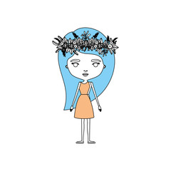 color sections silhouette caricature skinny woman in dress with long hairstyle and flower crown accesory