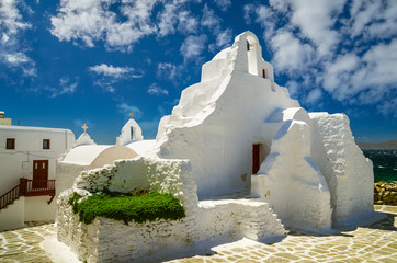 Mykonos island, Cyclades, Greece. Panagia Paraportiani Church in Mykonos. A beautiful old white chapel. © Lucian Bolca