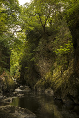 Fototapeta na wymiar Stunning landscape with river flowing through deep sided gorge with vibrant green foliage