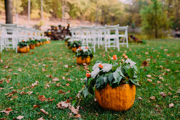 Wedding ceremony with autumn pumpkins. - 166009334