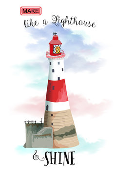 Lighthouse Landmark - Red and white landmark against the blue sky, with inspirational quote