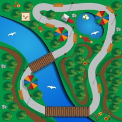 The park with a river and lake. View from above. Vector illustration. 